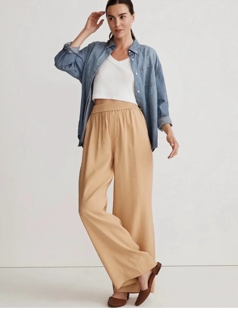Madewell Beige Wide-Leg Elastic-Waist Pants size XS - Picture 1 of 10